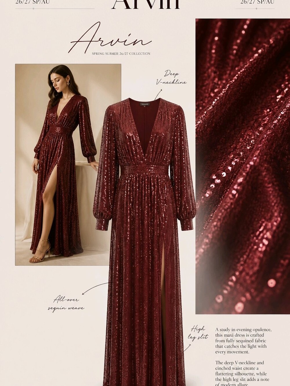 Fashion Nova Burgundy Sequin V-Neck Maxi Gown
